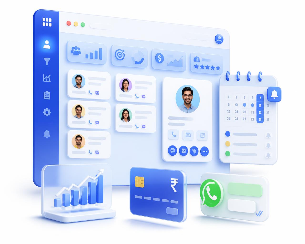 Edclick BizCRM Dashboard — Customer profiles, Follow-up reminders, Payments, WhatsApp chat എന്നിവ കാണിക്കുന്ന ചിത്രം